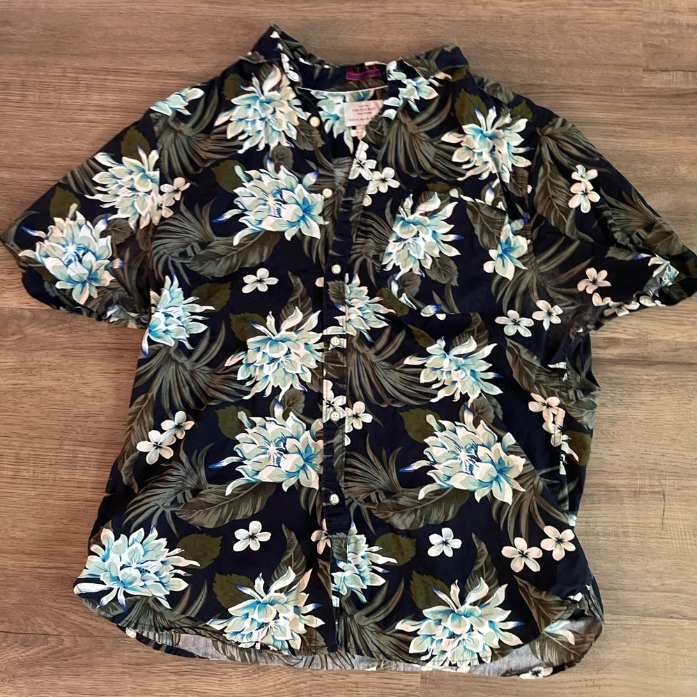 Blue and Green Casual Button Down Shirt with Tropical Floral Design